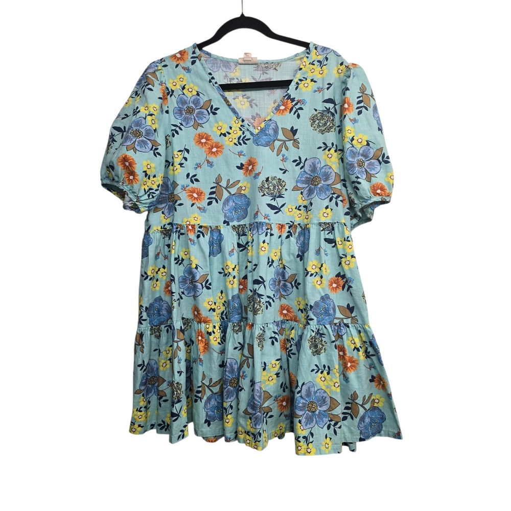 ANA 9Floral Babydoll Dress Womens PXL Blue Tiered Cotton Cottagecore Boho Spring